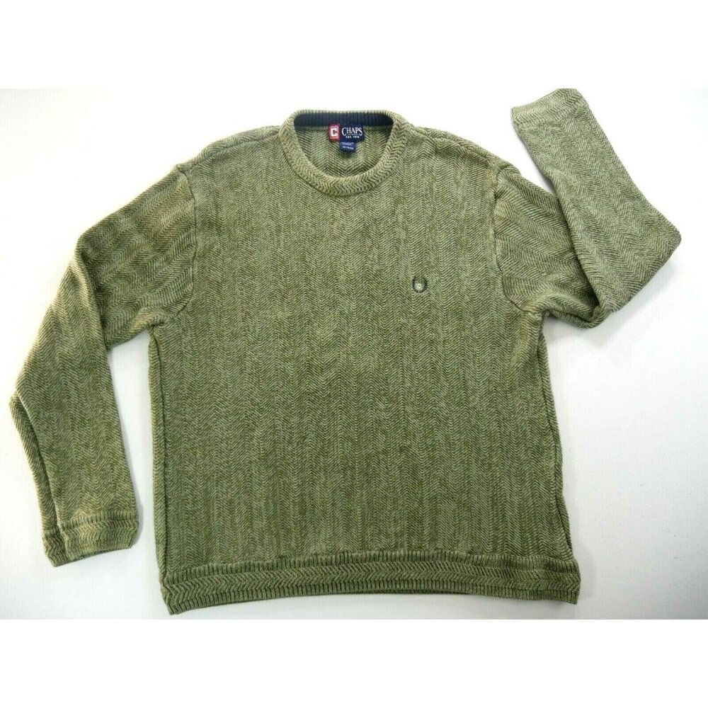 Chaps Mens Green Herringbone Pattern Knit Pullover Sweater Long Sleeve X Large